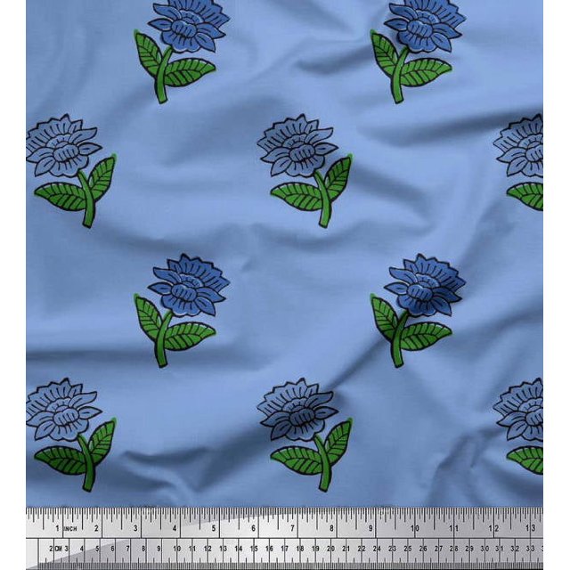 Soimoi Polyester Crepe Fabric Leaves & Floral Block Printed Fabric 1 Yard 42 Inch Wide