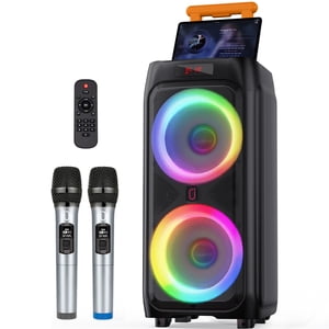 JYX Grand haut-parleur Bluetooth, double subwoofers 8'', haut-fondeur de partie portable avec barre de chariot & Roues, télécommande, T9
