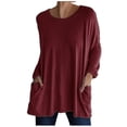 thumbnail image 1 of KIHOUT Spring Winter Womens Tops New Round Neck Long Sleeve Loose Pocket Solid Color Casual Top, 1 of 4