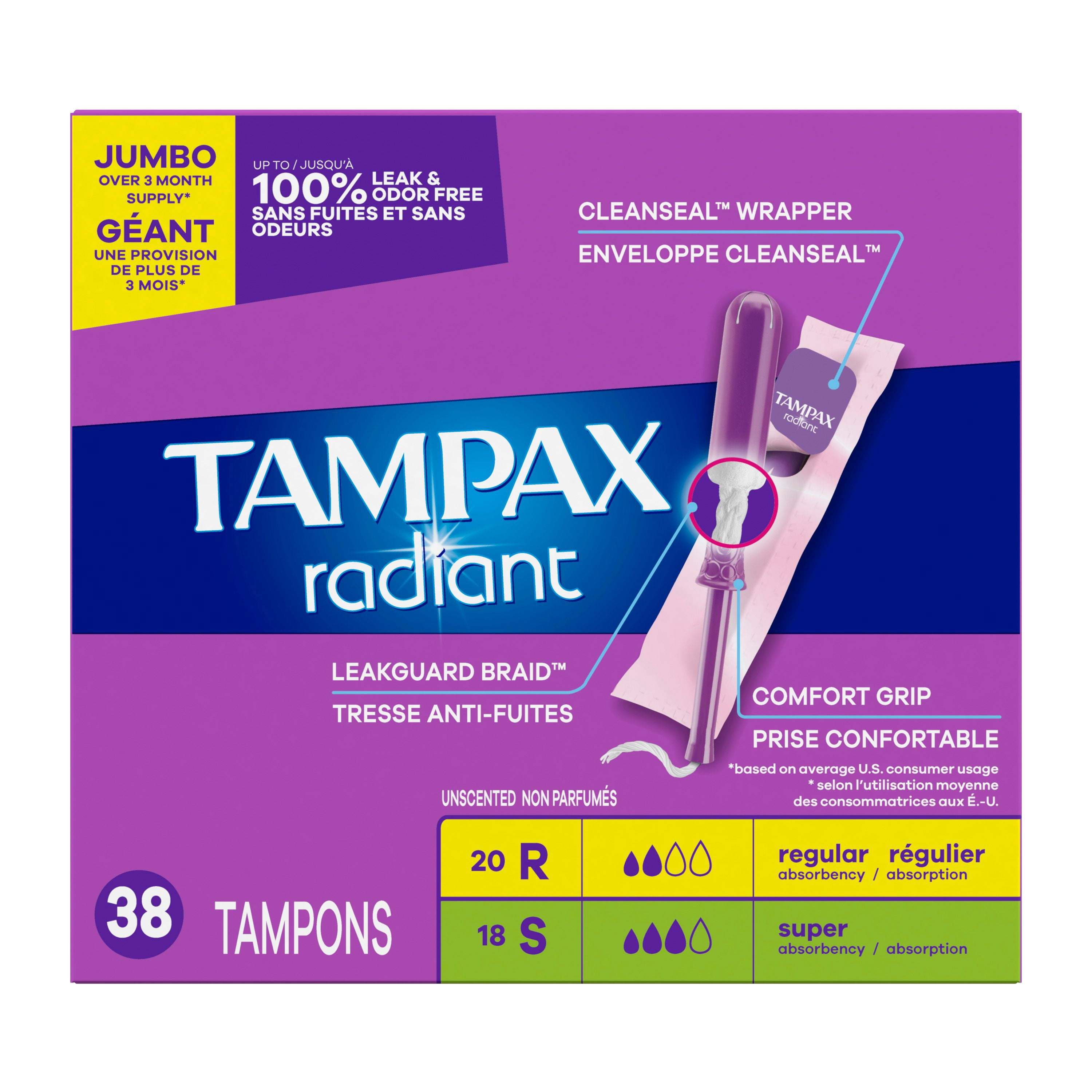 Tampax Radiant Emballage Multiple de Tampons, avec Tresse Anti-Fuites, Absorption Régulière/super, Non Parfumés