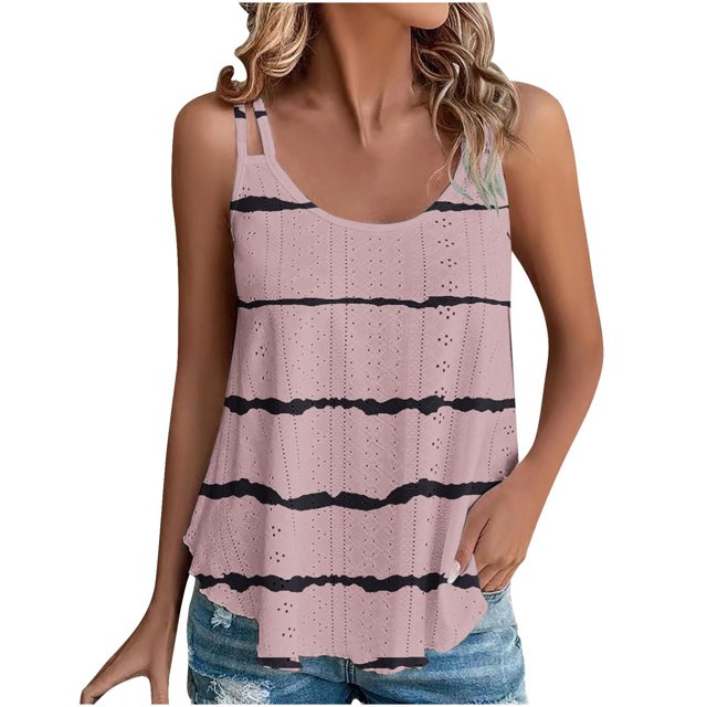 Plebaso Eyelet Tank Tops Womens Sleeveless Embroidery Tunic Print Summer Flowy Shirts for Beach Vacation