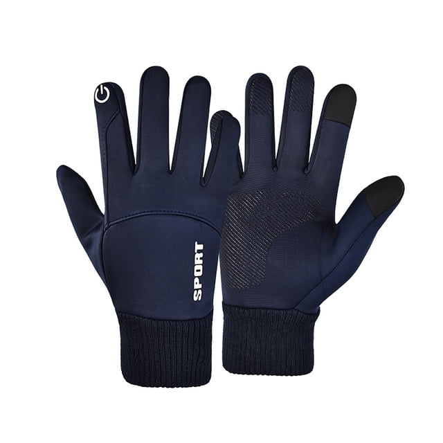Outdoor Winter Warm All-finger Screen Windproof and Waterproof Gloves in a dark navy color. Designed as women's winter gloves, they feature a full-finger design with touchscreen compatibility on the index finger and thumb, a textured palm for grip, and a ribbed cuff for a secure fit. Made with a polyester cotton outer layer and micro-fleece inner lining for warmth and windproof protection. Suitable for outdoor activities like skiing, running, and mountain biking.