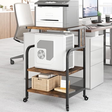 Printer Stand with Power Outlet, Large Printer Table with Adjustable Storage Shelf, 3 Tier Office Rolling Printer Stand with Wheels for Home Office, Fax Machines, Scanners, Rustic Black