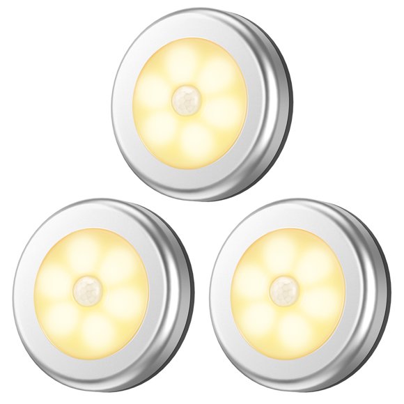 ORIA Lumière à Détecteur de Mouvement, Lumières de Garde-Robe Lumières d'Escalier, Lumières de Rondelle, Lumières de Sécurité, Veilleuse DEL Sans Fil Alimentée par Pile, Jaune Chaud, Lot de 3