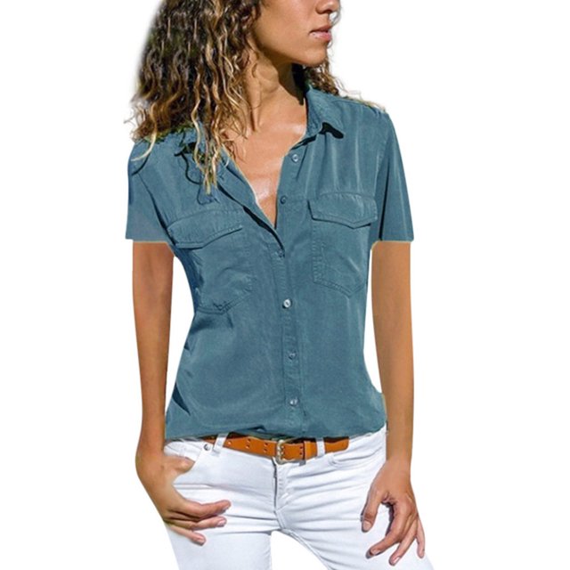 Pompotops Chemisier Décontracté pour Femmes Manches Courtes Col Rabattu Poches Boutons