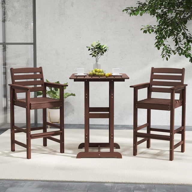 Costway Ensemble de Bar de Patio en HDPE 3 Pcs Fauteuils avec Table Haute Carrée Repose-Pieds Dossier Brun