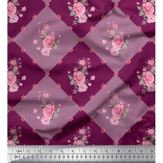 Soimoi Poly Georgette Fabric Leaves, & Rose Floral Printed Fabric 1 Yard 52 Inch Wide