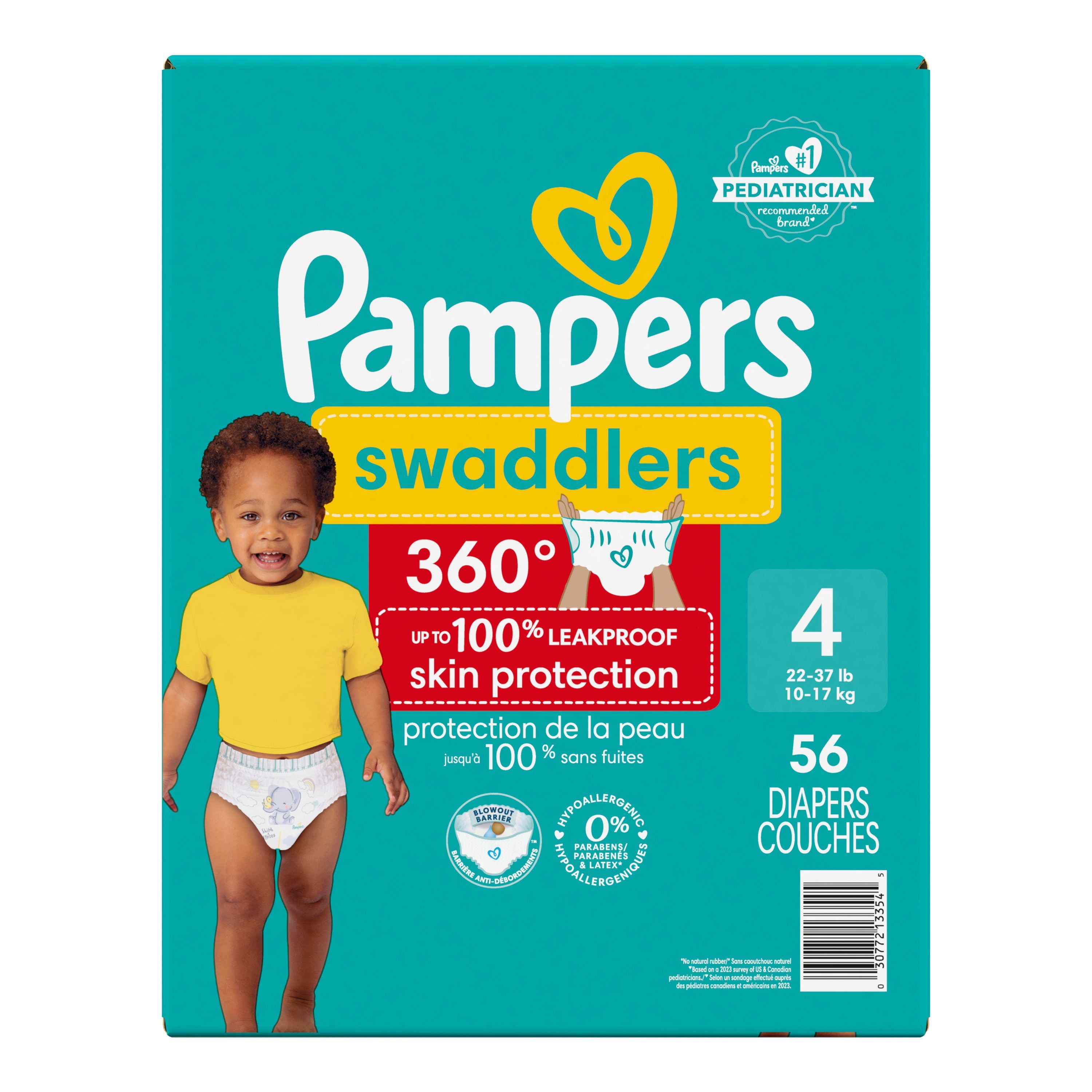 Pampers Couches - Swaddlers 360° - Taille 4, jusqu'à 100 % Anti-Fuites, Coupe Confortable et Sèche, Languettes Faciles à Enlever pour un Change Facile, Couche à Enfiler