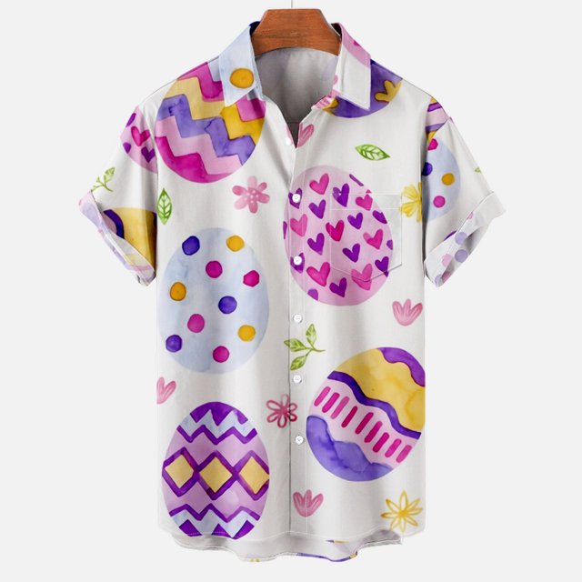 DPTALR Hommes Décontracté Boutons Pâques Imprimé avec Poche Col Rabattu Chemise à Manches Courtes Blouse