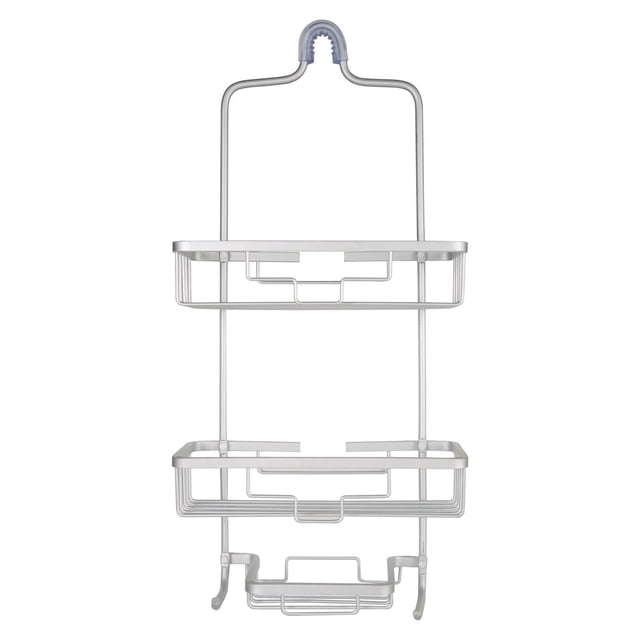 era Carrasco Aluminum Shower Caddy Warm Silver with two tiers and soap dish, rustproof aluminum frame with soft silver finish, includes rubber collar and suction cups for tool-free hanging on standard showerheads, measuring 11 by 23 inches, suitable for organizing shower essentials and maximizing bathroom space.