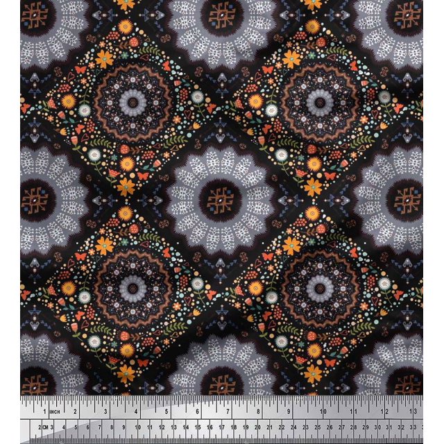 Soimoi Poly Georgette Fabric Floral Mandala Print Fabric by The Yard 52 Inch Wide