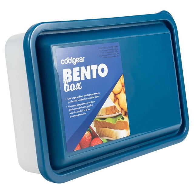 Cool Gear OPP Entrée bento box with a blue lid and white base, featuring three compartments including one large 0.75 L and two smaller 189 mL sections for sandwiches, sides, or snacks, ideal for food storage and kitchen organization on the go.