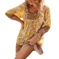 thumbnail image 3 of Womens Boho Floral Dresses V Neck Long Sleeve Ruffle Hem A-Line Mini Dress Beachwear, 3 of 6
