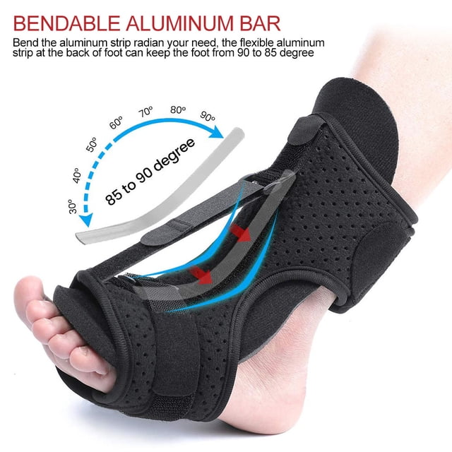 Adjustable Plantar Fasciitis Night Splint Foot Drop Orthotic Brace shown in use on a foot. Made of breathable composite fabric with a bendable aluminum plate for support. Designed to keep the foot in a neutral position to alleviate plantar fasciitis symptoms and provide orthotic support during sleep. Features an open heel design for breathability and comfort, suitable for foot drop and plantar fasciitis relief.