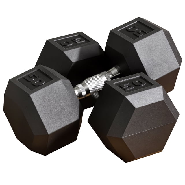 Soozier 2 x 50 lbs Dumbbells Weight Set for Home Gym Cardio Exercise. The set includes two black hexagonal dumbbells, each weighing 50 lbs, with ergonomically curved metal handles featuring a non-slip grip for added safety. The hexagonal design prevents rolling, and the rubber material is safe for hardwood and tile floors. Dimensions are 14.3 inches long, 6.8 inches wide, and 6.8 inches high per dumbbell.
