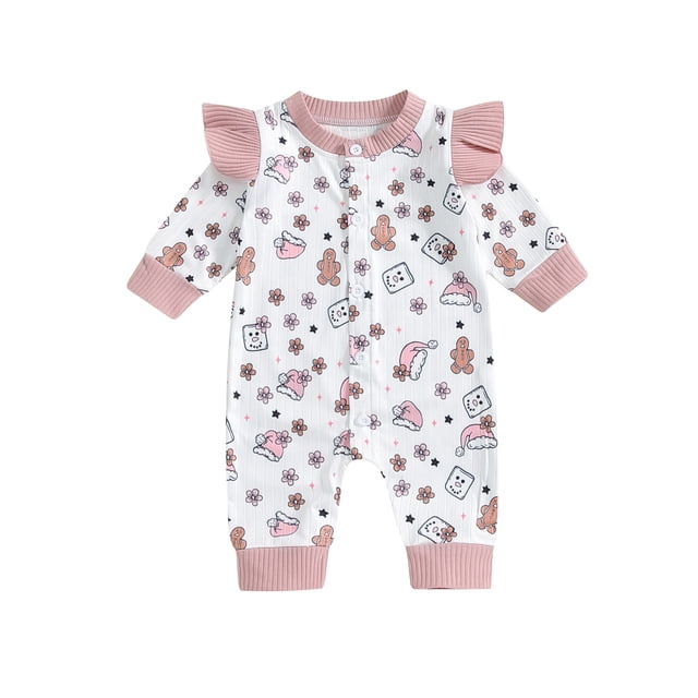 FAROOT Baby Girl Christmas Romper Cartoon Print Long Sleeve Button Down Full Length Jumpsuit Fall Winter Clothes