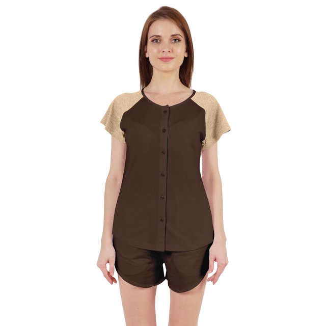 Inkmeso Solid 2 Pc Nightwear Set For Women Raglan Sleeves Button-Down Top & Shorts Sleepwear-52