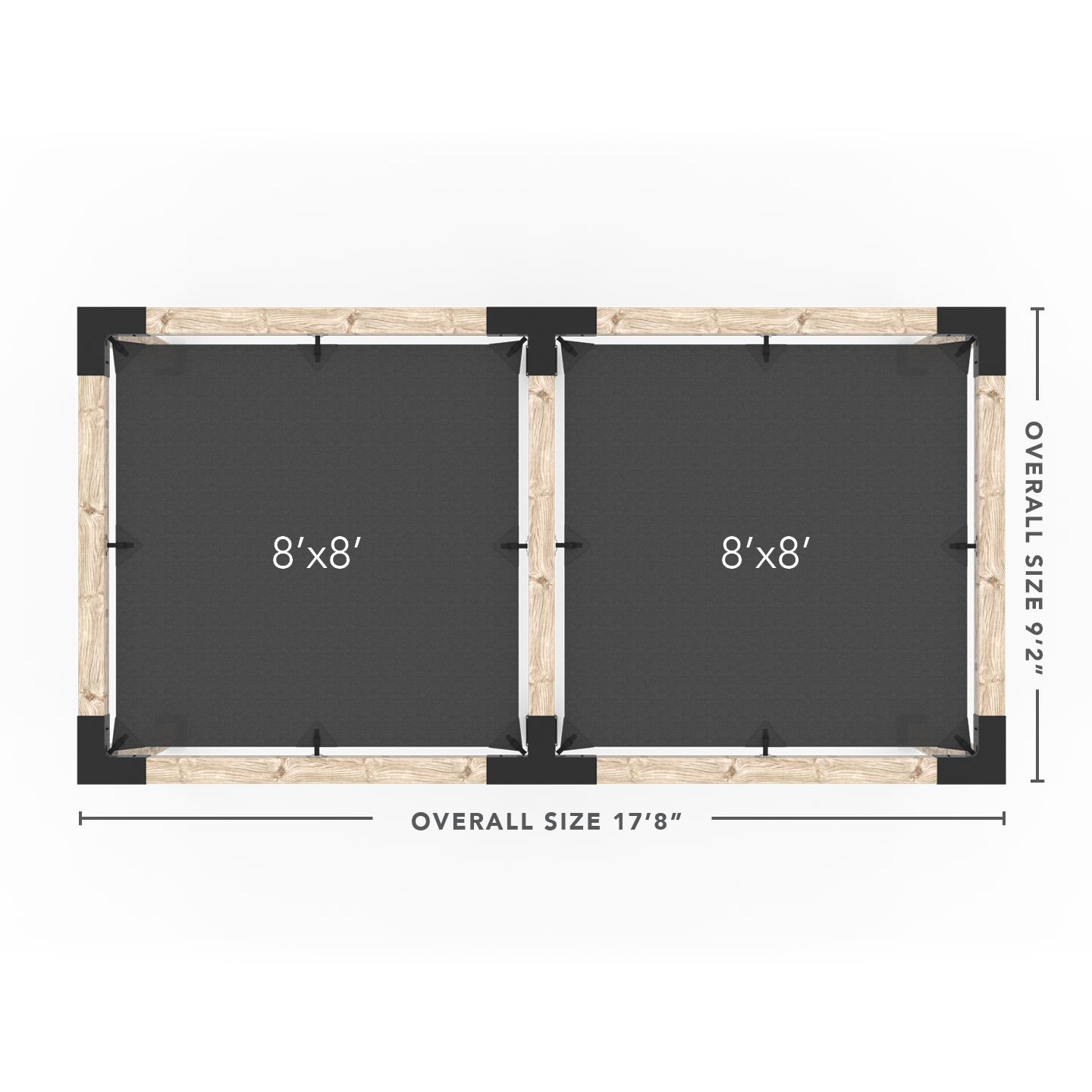 Kit Toja 12' x 22' Double Pergola avec 2 voiles d’ombre pour poteaux en bois 6x6