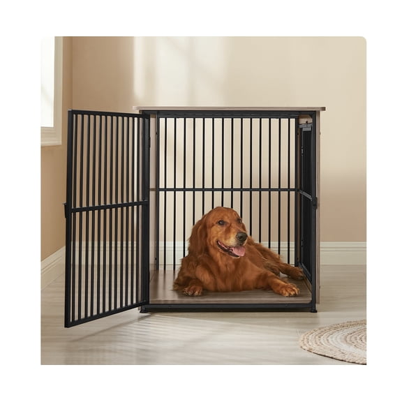 Feandrea Meuble Cage pour Chien, Table d'Appoint Latérale, Chenil Moderne pour Chiens d'Intérieur jusqu'à 70 lb, Cage pour Chien Robuste avec Base Fermée, Niche à Double Porte, Gris Grège Chiné