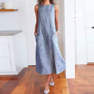 Robe Décontractée Sans Manches à Rayures pour Femme, Col Ras du Cou, en Lin, avec Poche, Longue