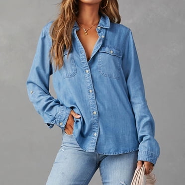 Women's Denim Shirt Women Chambray Jean Western Shirts Long Sleeve Button Tops