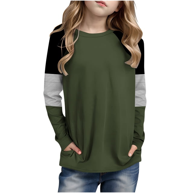 Posijego T-Shirts à Rayures à Manches Longues pour Filles, Hauts Tuniques à Blocs de Couleur à Col Rond pour Enfants, T-Shirts de Printemps, Taille 4-14 Ans