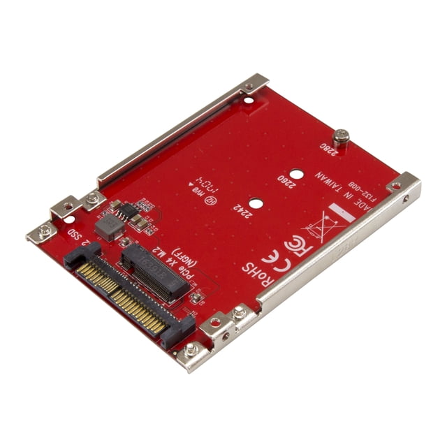 StarTech.com Adaptateur M.2 vers U.2 - Vue avant Gros Plan d'Un Adaptateur PCB compact Noir avec Connecteur de Bord M.2 et Support U.2 SFF-8639, Affichant des Doigts de contact PCIe Dorés, un Trou de Montage et un Texte de Modèle StarTech.com Imprimé; Connecte des SSD PCIe NVMe M.2 aux Hôtes U.2 et n'Est Pas compatible avec les Disques SATA Ni les Manettes SAS.