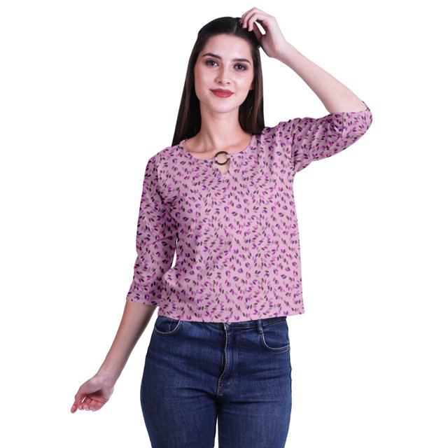 Moomaya Printed Keyhole Neck Ring Top Casual 3/4th Sleeve Tees Tank Tunic Top