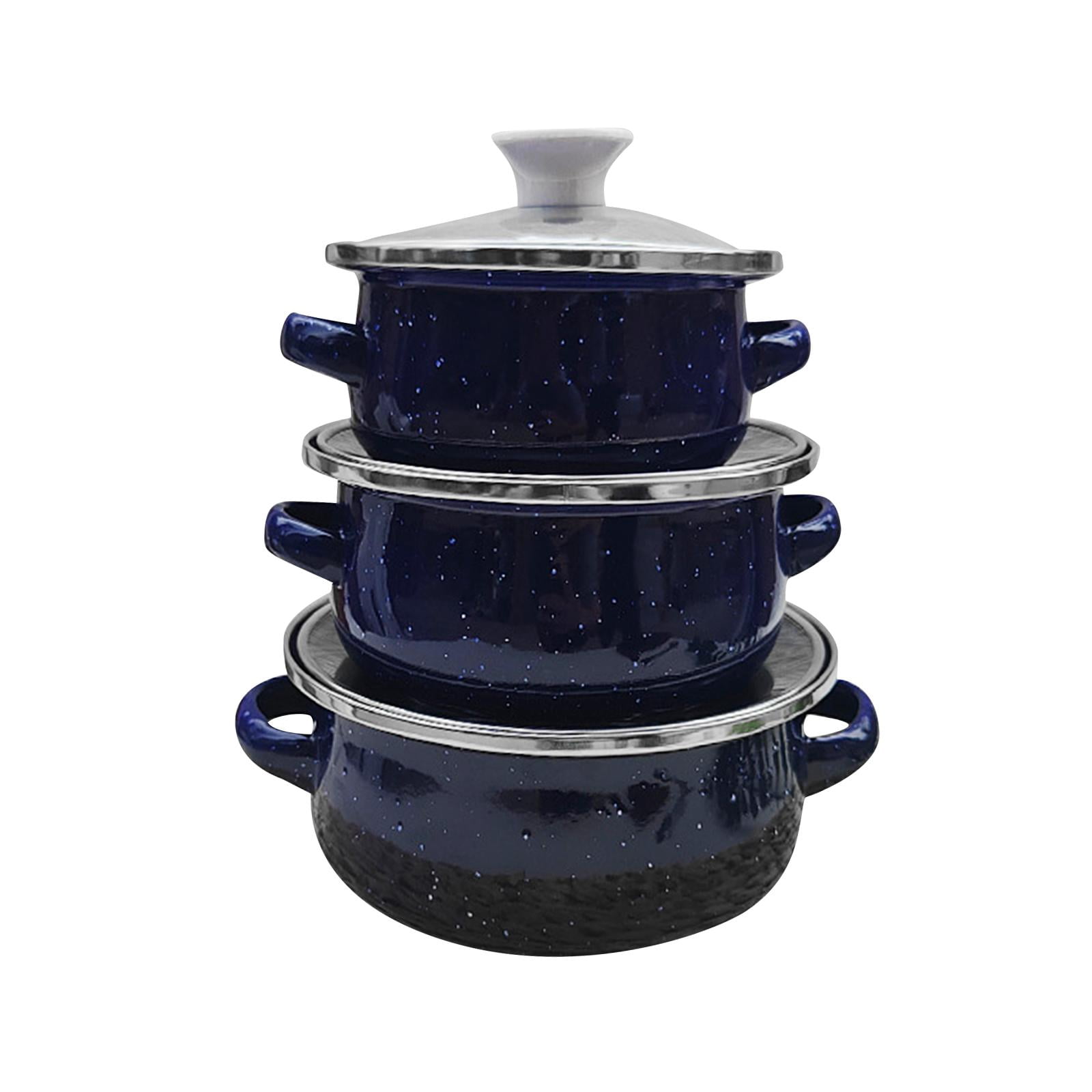 GUOOL 3 Pieces Enamel Mini Pot Set Gifts Deep Double Handle Home Kitchen Pots Home dark blue