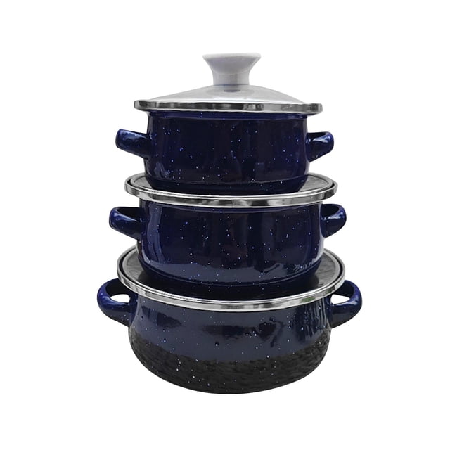 GUOOL 3 Pieces Enamel Mini Pot Set Gifts Deep Double Handle Home Kitchen Pots Home dark blue