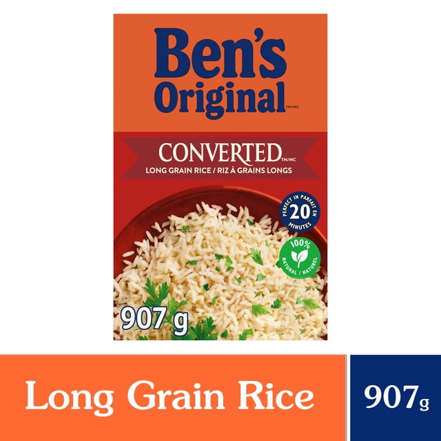 BEN'S ORIGINAL CONVERTED Long Grain Parboiled Rice 907g box showing front packaging with cooked long grain white rice garnished with green herbs, highlighting 20-minute cooking time and 100% natural ingredients, suitable for versatile pantry meals.