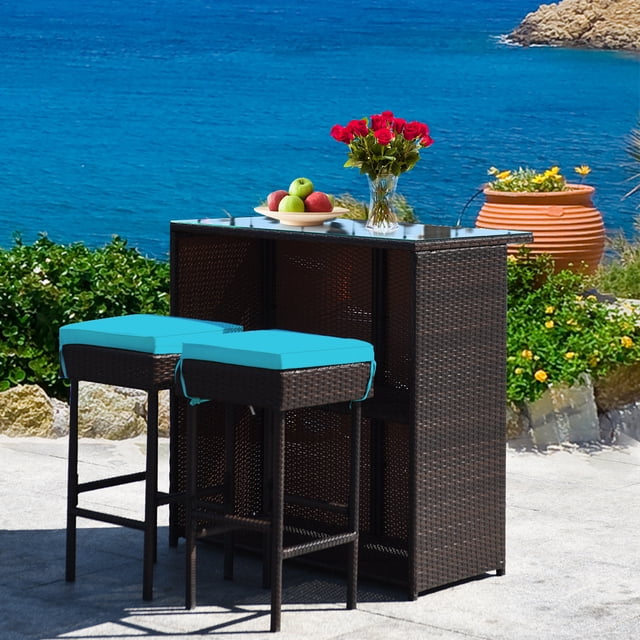 Patiojoy 3PCS Patio Wicker Rattan Bar Set Table w/2 Turquoise Cushioned Stools