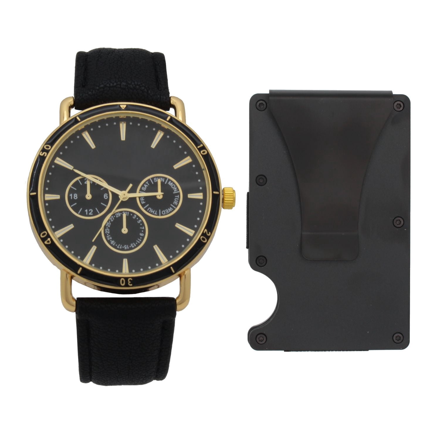 Montre analogique facile à lire pour hommes, à bracelet en polyuréthane, avec un porte-cartes et une pochette