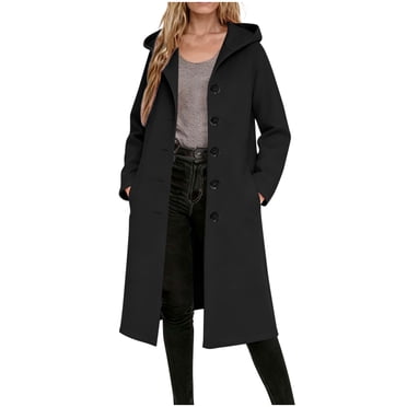 Manteaux d'Hiver pour Femmes, Manteau Trench à Capuche à Manches Longues Style Laine pour Dames, Décontracté, Chaud, Quotidien, Couleur Unie, avec Poches et Boutons, Coupe Régulière, Manteaux Longs pour Femmes