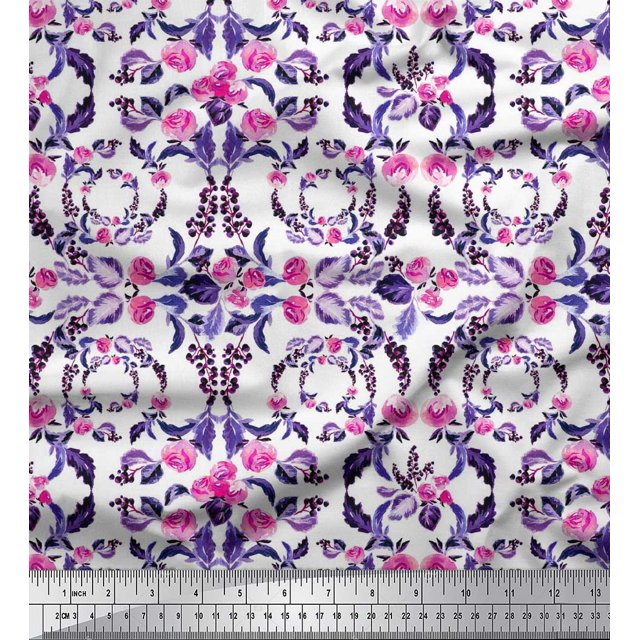 Soimoi Poly Georgette Fabric Wreath,Leaves & Rose Flower Fabric Prints by Yard 52 Inch Wide
