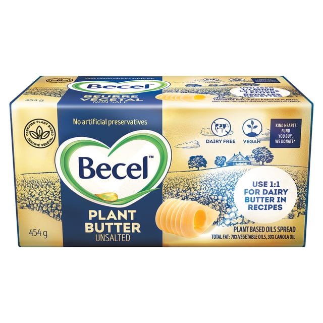 Dairy Free Becel Plant Butter Unsalted 454g block with blue and gold packaging featuring a green heart logo, labeled vegan, dairy free, and no artificial preservatives, suitable as a 1:1 dairy butter substitute in recipes.