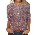 thumbnail image 2 of DDAPJ pyju 2025 Hauts Mode pour Femmes 2025 T-Shirts à Manches 3/4 à Col Rond à Imprimé à Paillettes Blouse à Paillettes pour Fête des Fêtes Chemises Liquidation Ventes Aujourd'hui Rose TTTTG, 2 of 5