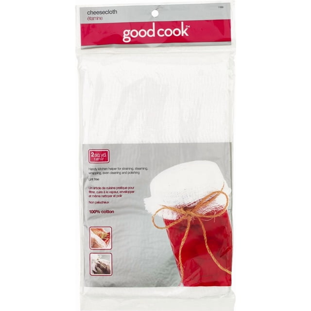 Cheesecloth by Goodcook, a 2 square yard 100% cotton fine mesh cloth in original packaging, ideal for kitchen tasks such as straining, steaming, wrapping, and polishing, shown folded with an example of it tied over a red jar with twine, lint-free and easy to clean.
