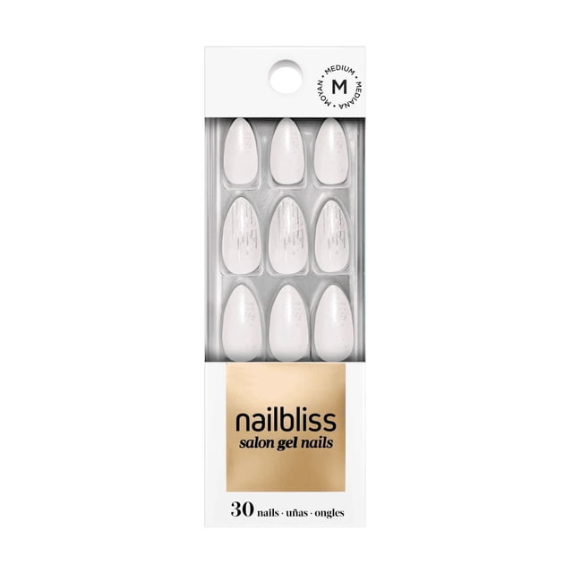 Nailbliss salon gel nails medium size set with 30 clear-to-white ombré gel nails featuring iridescent blue shimmer, glitter, and party streamer accents in almond shape with glossy finish, offering professional strength and up to 10 days wear.
