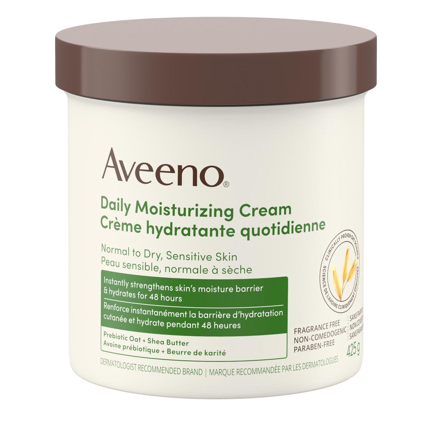 Crème hydratante quotidienne Aveeno avec avoine prébiotique et beurre de karité, pour peau sensible, normale à sèche, hydrate pendant 48 heures, sans parfum, non grasse et non comédogène, 425 g