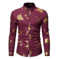 thumbnail image 2 of Pompotops Chemise Habillée de Soirée pour Homme, Boîte de Nuit, Brillante Dorée, Imprimé 3D de Roses, Coupe Ajustée, Boutonnée, en Solde, 2 of 8