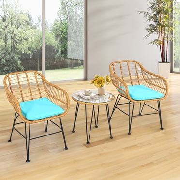 Patiojoy 3 Pieces Patio Furniture Set w/Tempered Glass Coffee Table Set for Garden and Backyard Turquoise Cushions