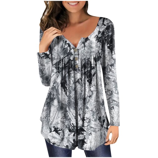Cameland Ladies' Casual Printed Button Up Long Sleeved Round Neck Pullover Top