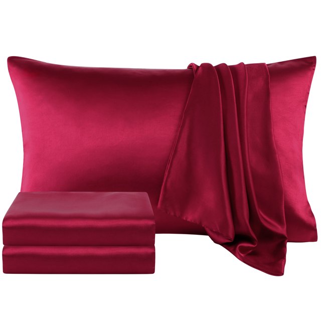Unique Bargains Satin Sheet Set 4 Pcs Polyester Silky and Soft Sheets in a vibrant red colour. Includes one fitted sheet with elastic band, one flat sheet, and two pillowcases with envelope closures. Made of 100% polyester satin fabric, offering a smooth, silky texture and luxurious appearance. Queen size dimensions: flat sheet 90 x 102 inches, fitted sheet 60 x 80 inches, pillowcases 20 x 30 inches. Designed to reduce hair frizz and skin friction, promoting comfort and moisture retention. Ideal for luxury bedding setups. Machine washable for easy care.
