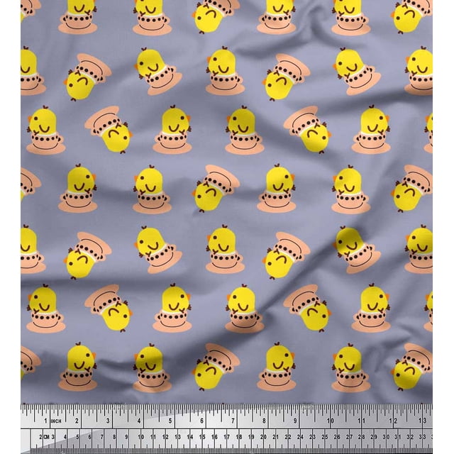 Soimoi Modal Satin Fabric Cup,Plate & Chick Cartoon Print Fabric by the Yard 42 Inch Wide