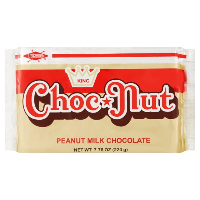 KPEANUT MILK CHOCOLA King Choc Nut peanut milk chocolate bar in beige and red wrapper with 7.76 oz (220 g) net weight, featuring bold white and brown text and a crown logo, suitable for snack and candy chocolate bar categories.
