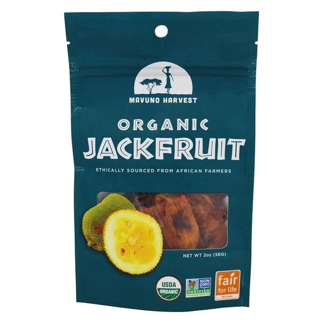 Mavuno Harvest Organic Jackfruit, 2 oz (56 g) resealable bag. The packaging features a teal background with a transparent window showing dried jackfruit pieces inside. The front highlights USDA Organic, Non-GMO Project Verified, and Fair for Life certifications. A sliced jackfruit illustration is displayed alongside the brand logo and the text 'Ethically sourced from African farmers.'