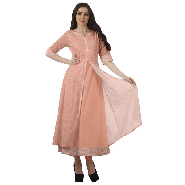 Moomaya Womens A Line Kurti With Pant Front Slit Printed Evening Indian Kurta-XS