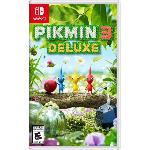 Pikmin™ 3 Deluxe Nintendo Switch Couverture de Jeu Montrant Trois Personnages Pikmin Colorés - Bleu, Jaune et Rouge - sur une Bûche Mousseuse dans un Jardin Luxuriant avec de Grandes Feuilles Vertes et un Ciel Lumineux, Mettant en Vedette le Titre de Jeu floral et le logo Nintendo Switch, Convient aux Amateurs de Jeux de Stratégie et d'Aventure.