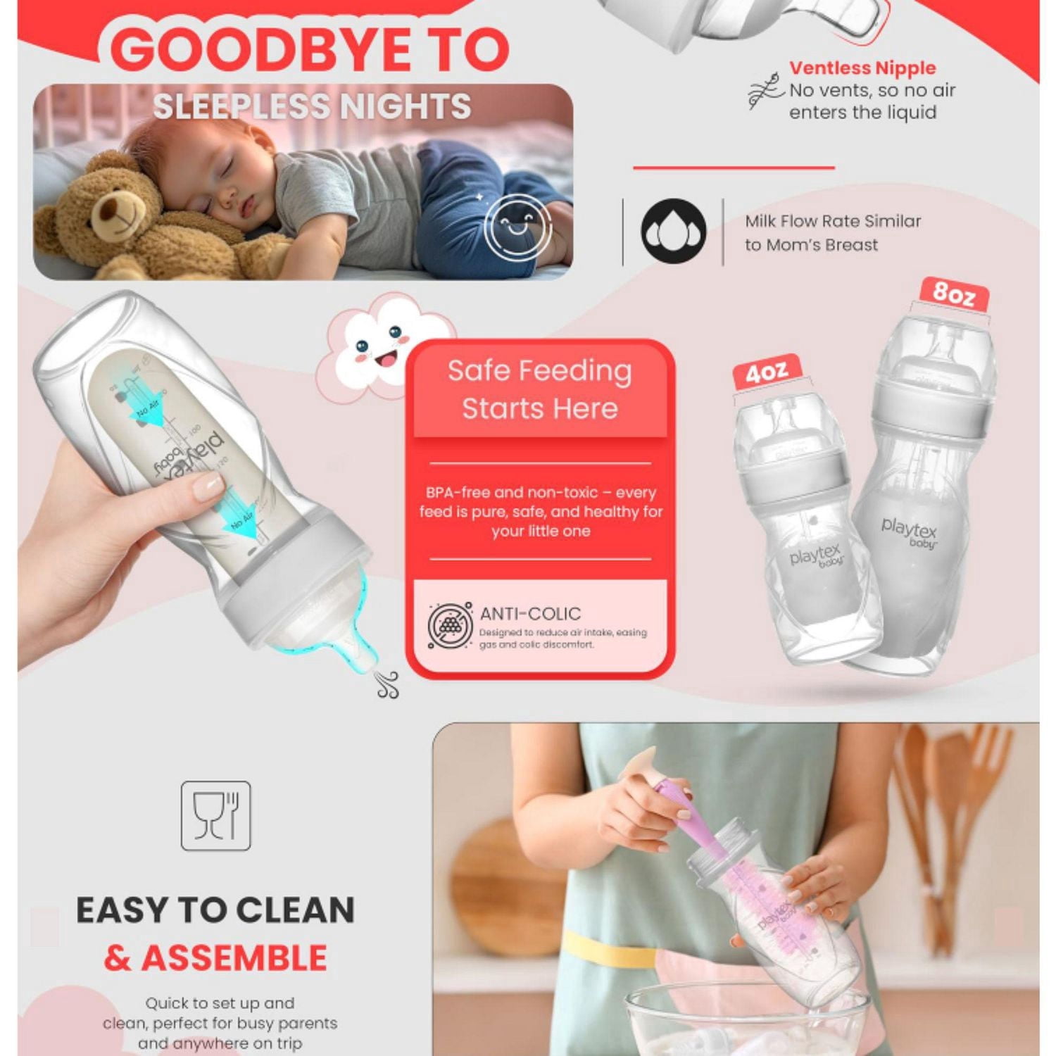 Playtex Baby® Anti-Coliques, Réduit les Gaz, Biberon Nurser Sans Air avec 15 Doublures Jetables Drop-Ins Pré-Stérilisées, Plus Près de l'Allaitement, Biberons 3x4oz